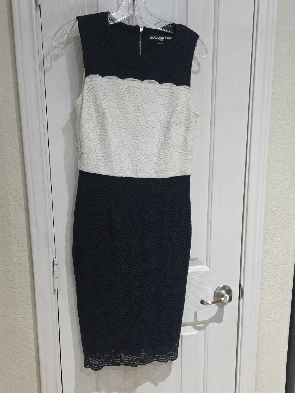 Karl Lagerfeld Navy Blue & White Sleeveless Sheath Dress S
